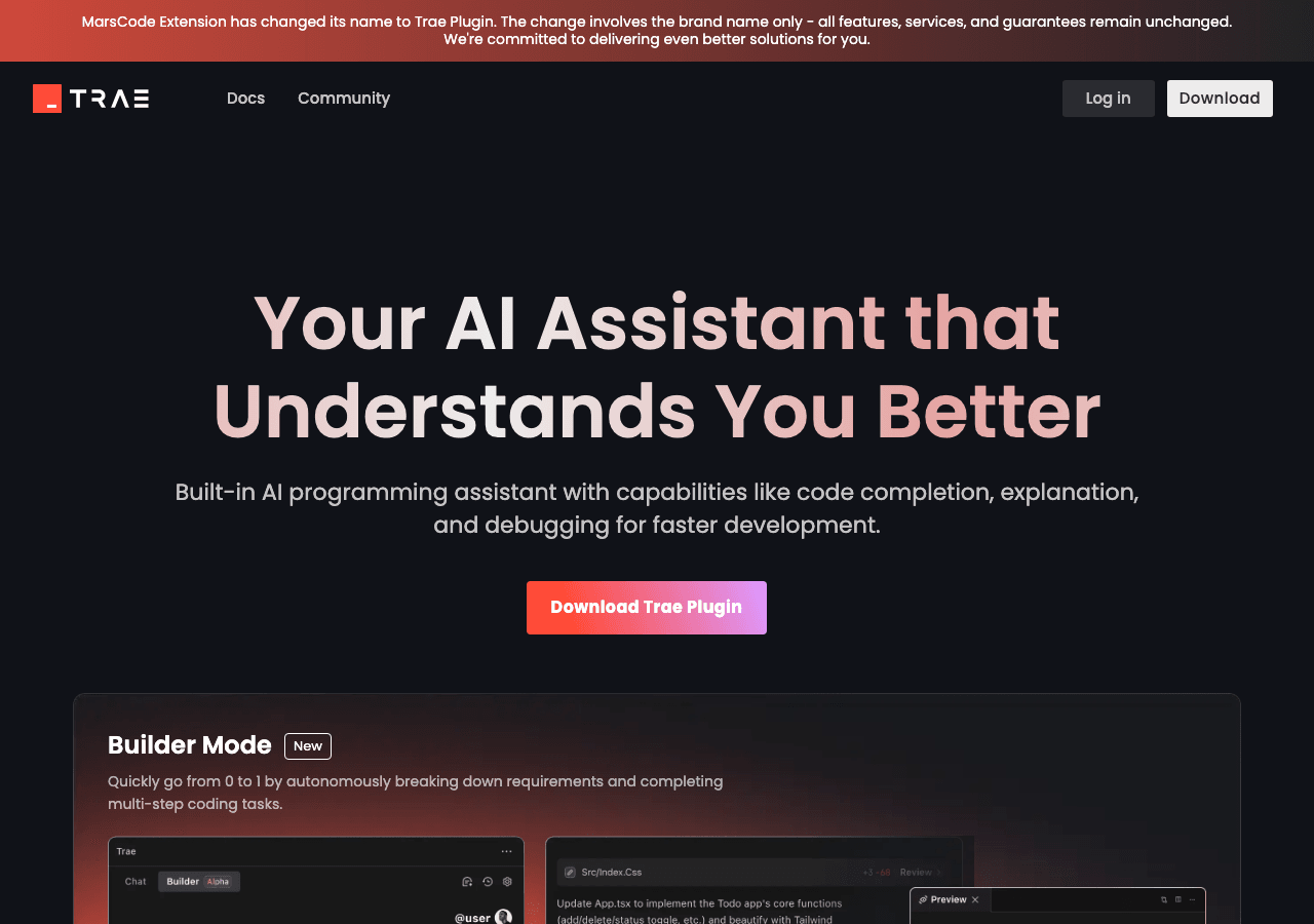 Trae - Plugin Code Assistance showing Code Assistance - Code smarter and faster with Trae AI: your adaptive coding assistant.