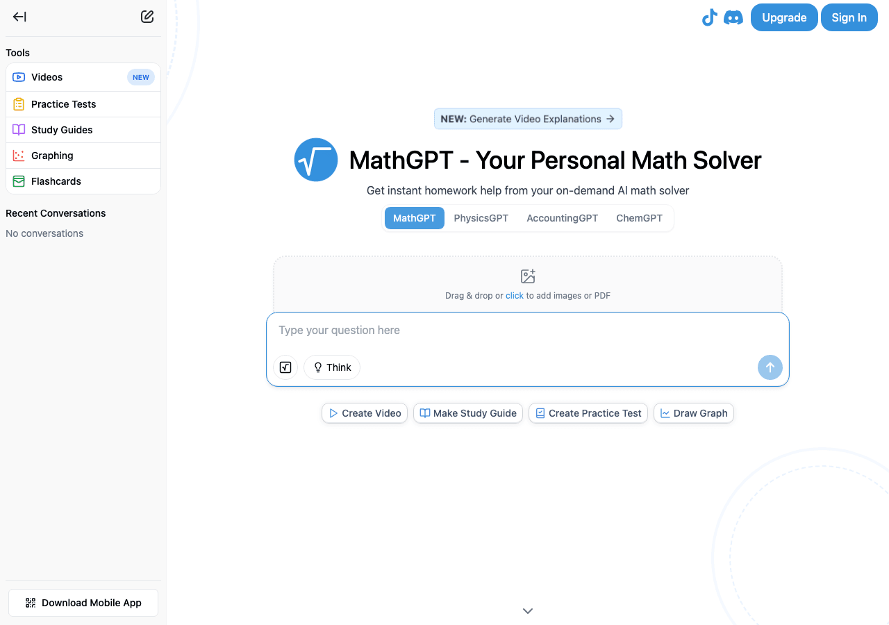 MathGPT Conversational AI showing Conversational AI - Empowering mathematical creativity with AI