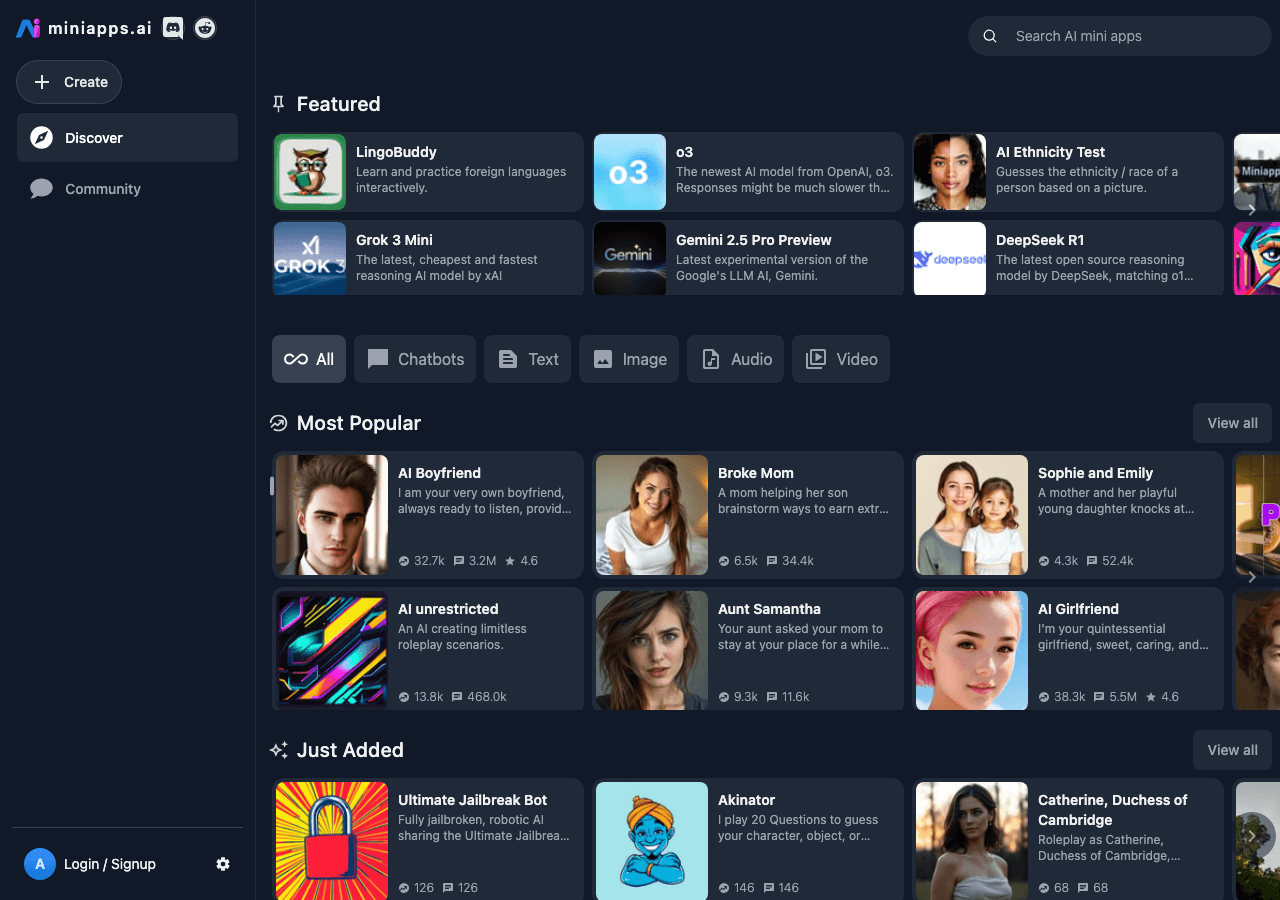 miniapps.ai Conversational AI showing Conversational AI - Easily create and share AI-powered mini apps
