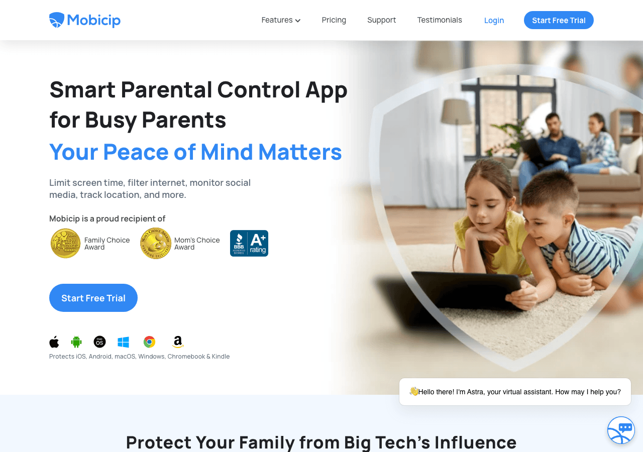 Mobicip Conversational AI showing Conversational AI - Safe Internet for Every Device