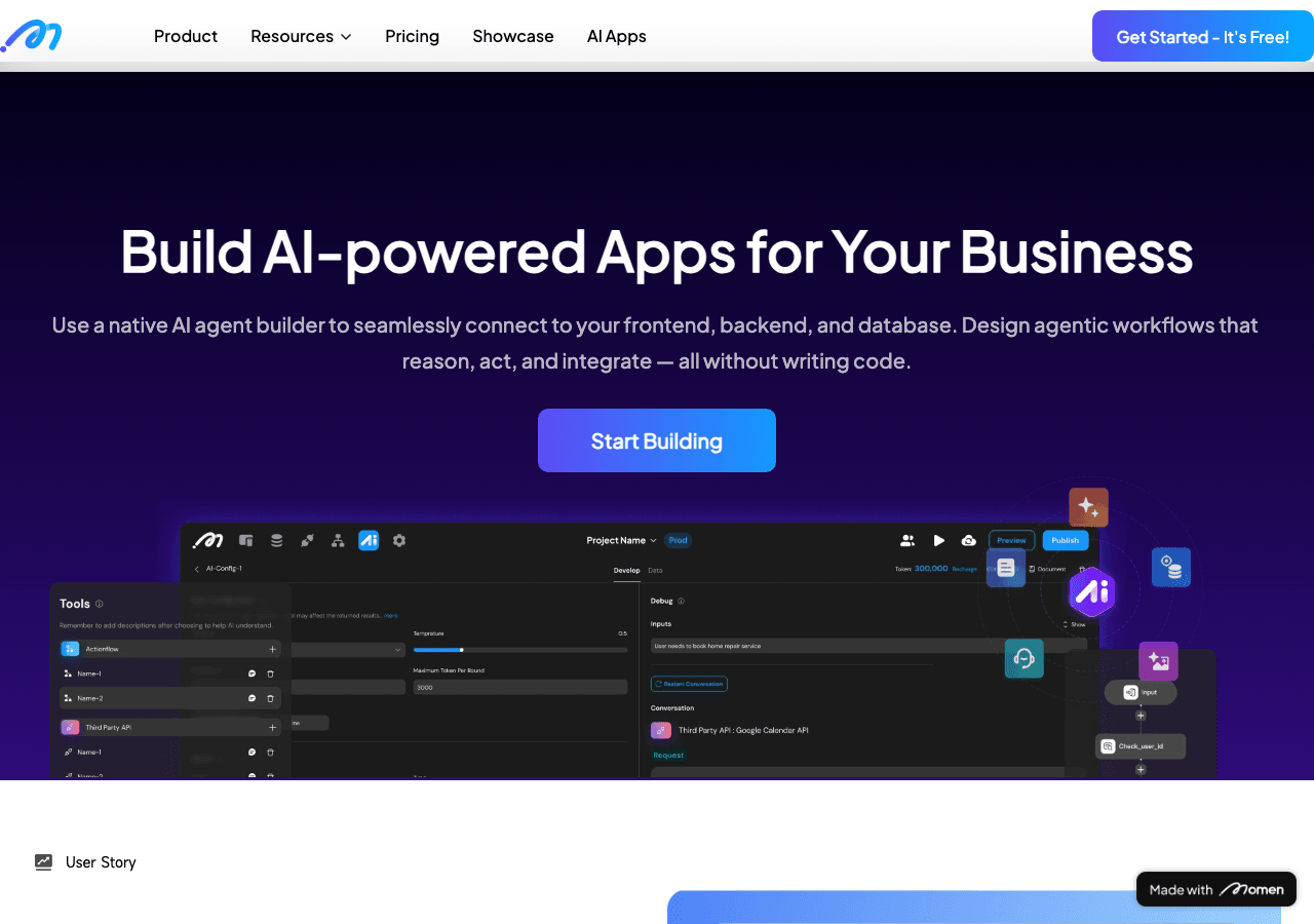 Momen Conversational AI showing Conversational AI - No-Code AI App Building—Bring AI Agents to Life with Multimodal and Real-