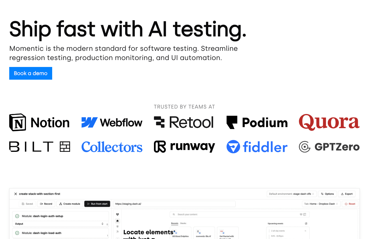 Momentic Code Assistance showing Code Assistance - Scale testing coverage, eliminate flaky tests, ship with confidence.