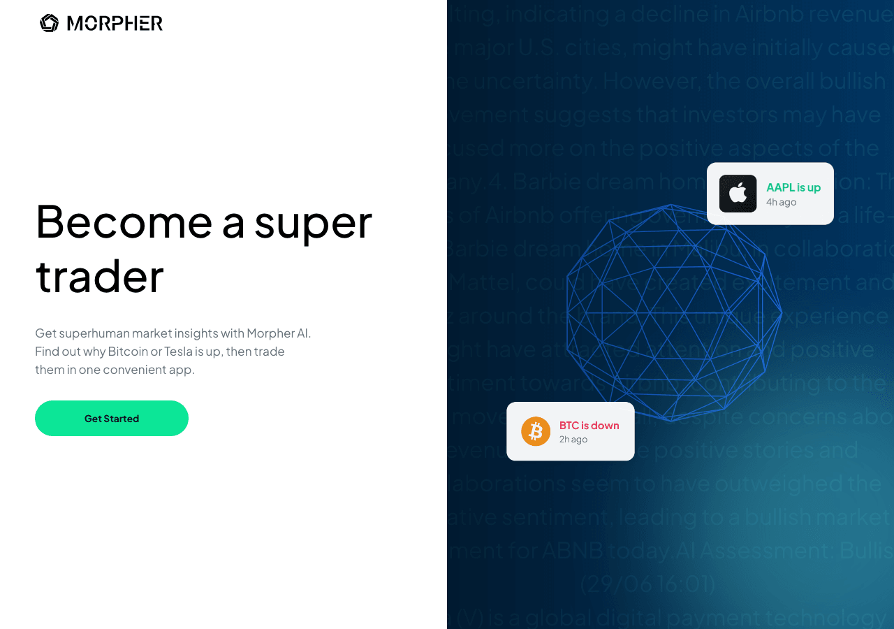 Morpher AI Data Analytics showing Data Analytics - Superhuman Market Insights. Zero Commissions. One Platform.