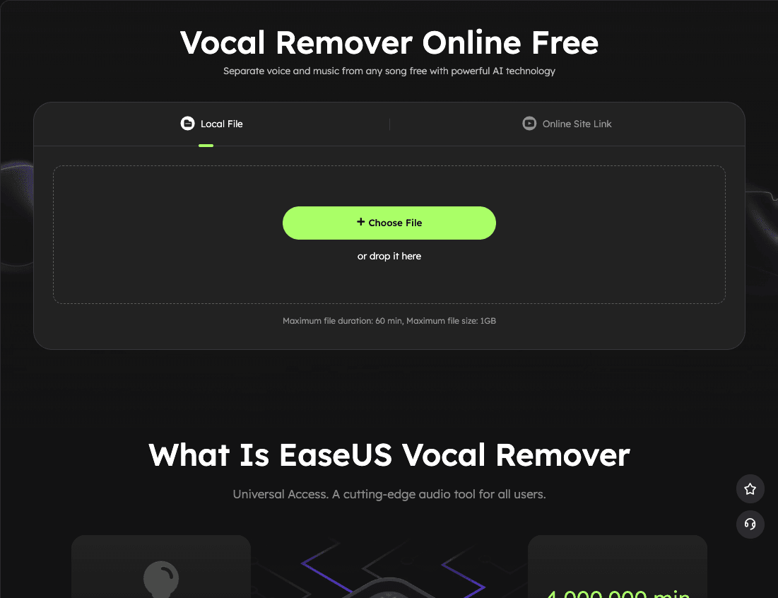 EaseUS Vocal Remover Audio Editing showing Audio Editing - AI-Powered Vocal Remover: Extract Vocals, Create Karaoke & Isolate