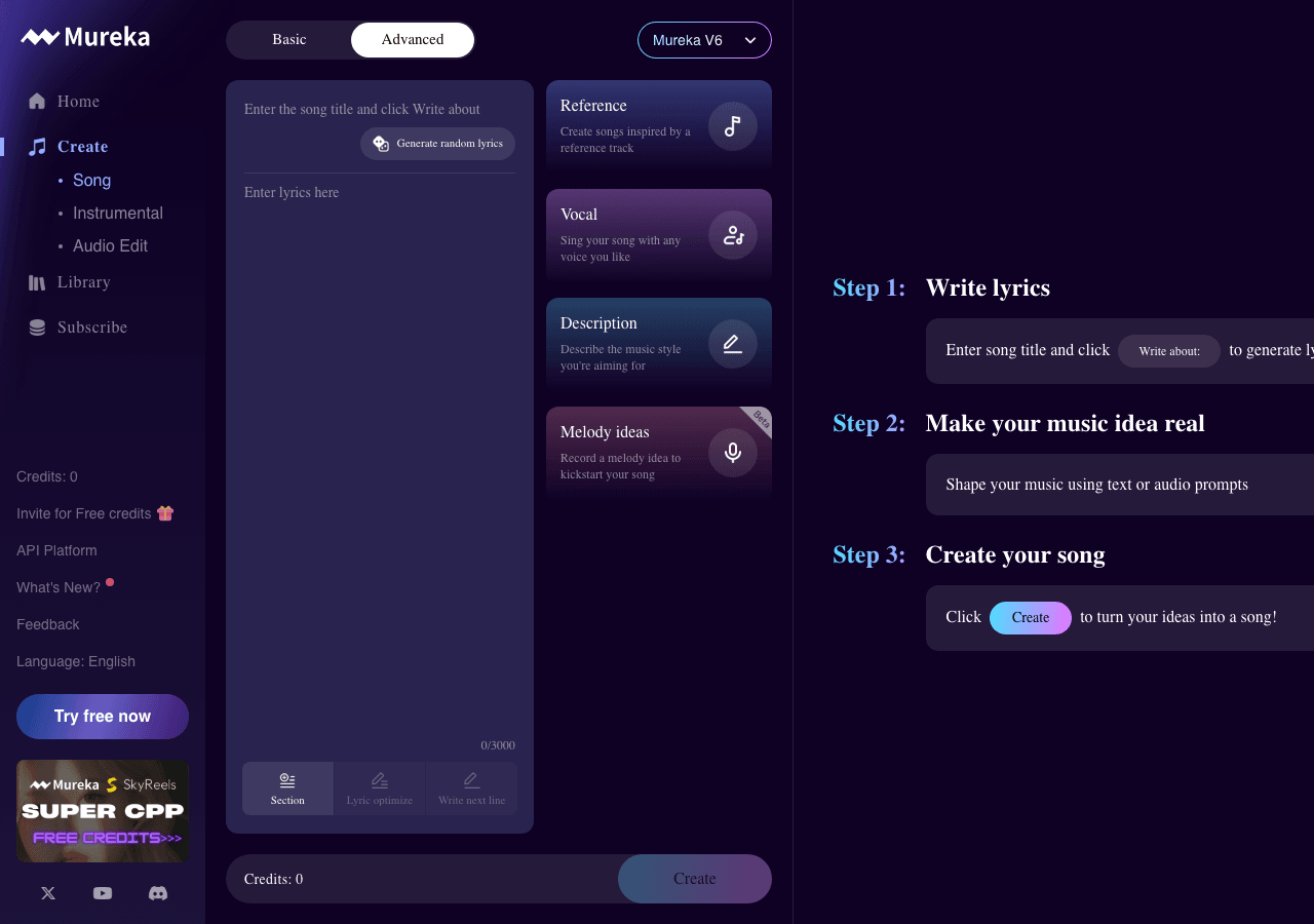 Mureka Music Generation showing Music Generation - From ideas to studio-ready songs with AI