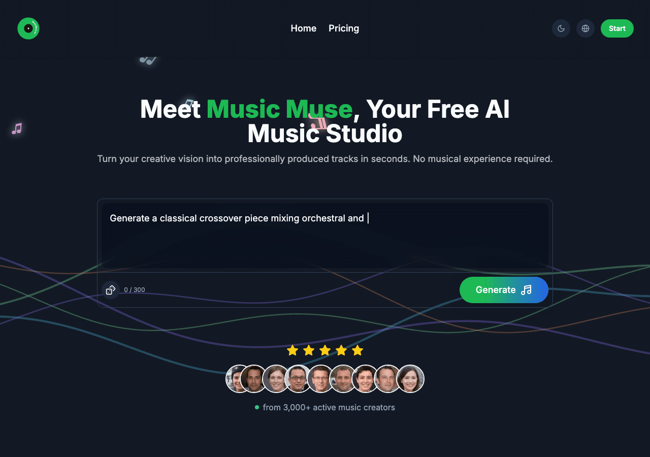 Music Muse AI Music Generation showing Music Generation - Transform your ideas into songs instantly with AI-powered music cre