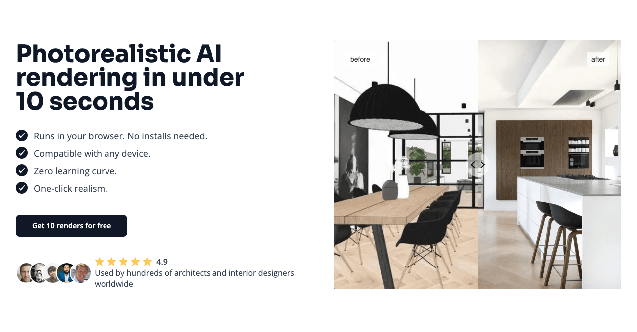 MyArchitectAI Design showing Design - AI Rendering Software | 10 Renders Free