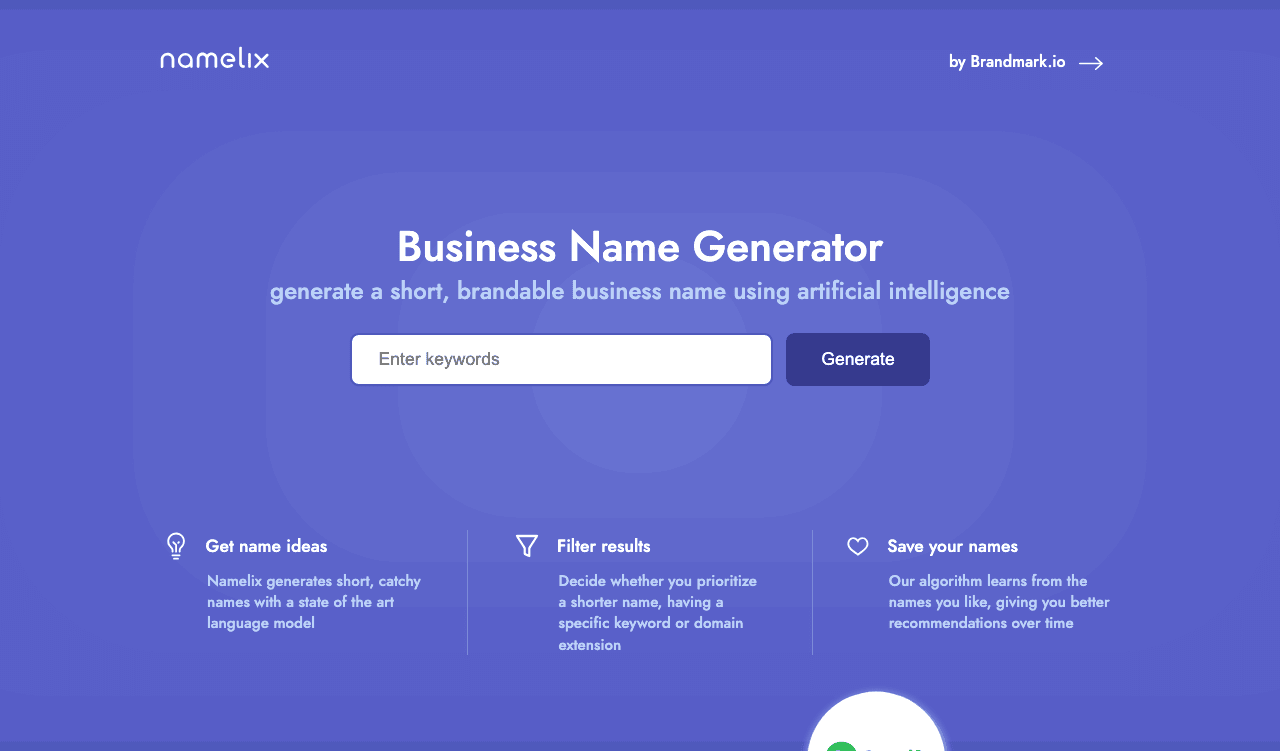 Namelix Design showing Design - AI-powered business name generator & instant logo ideas
