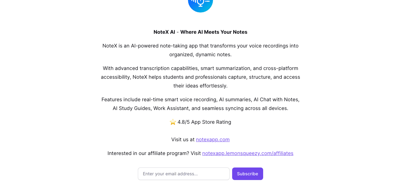 NoteX Conversational AI showing Conversational AI - Turn your voice into organized notes