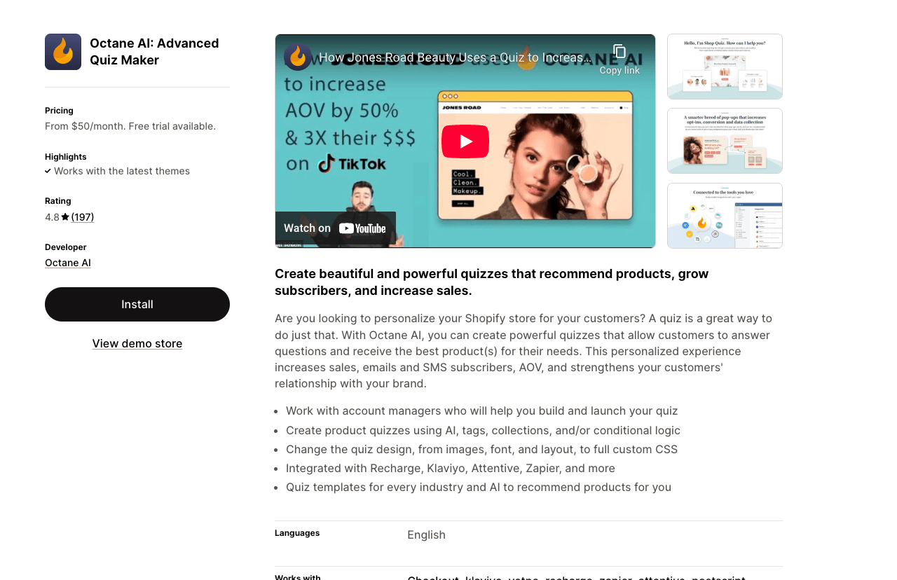 Octane AI Marketing Automation showing Marketing Automation - #1 Product Quiz Platform for Shopify
