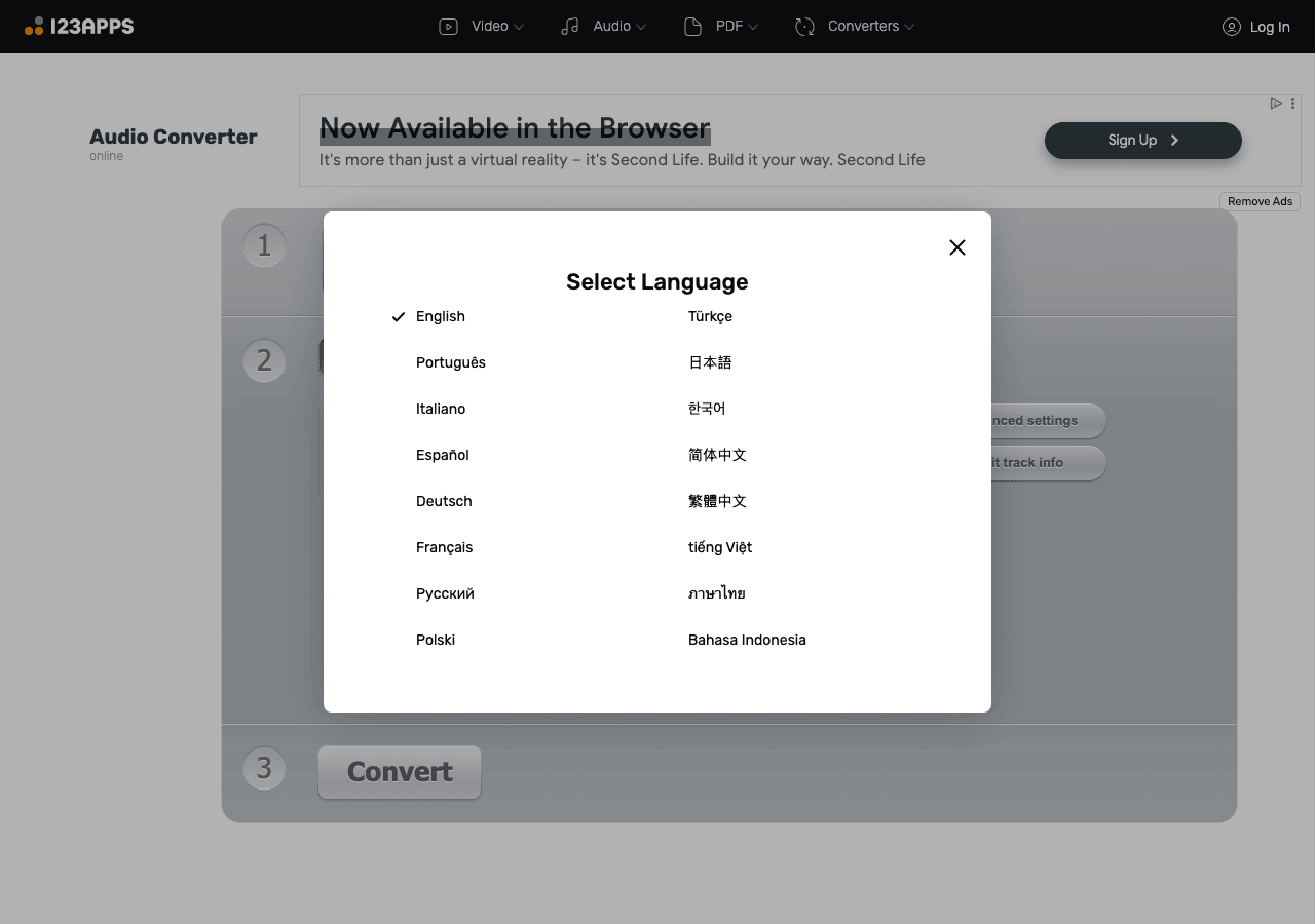 Online Audio Converter Audio Editing showing Audio Editing - Convert any audio format easily and securely in your browser