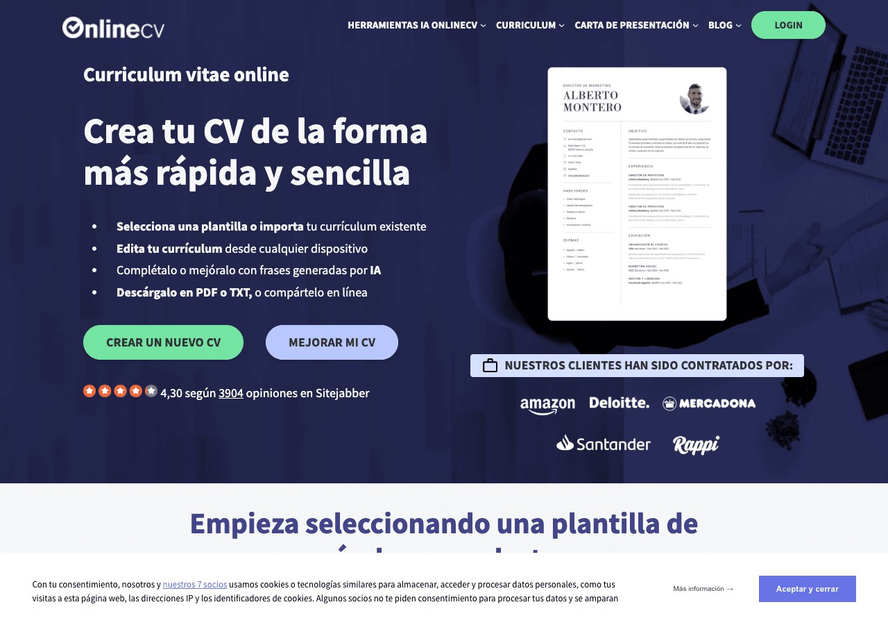OnlineCV Design showing Design - Create and customize professional CVs and cover letters online in minutes
