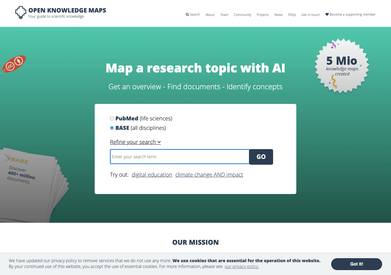 Open Knowledge Maps Search & Discovery showing Search & Discovery - The visual interface for scientific discovery
