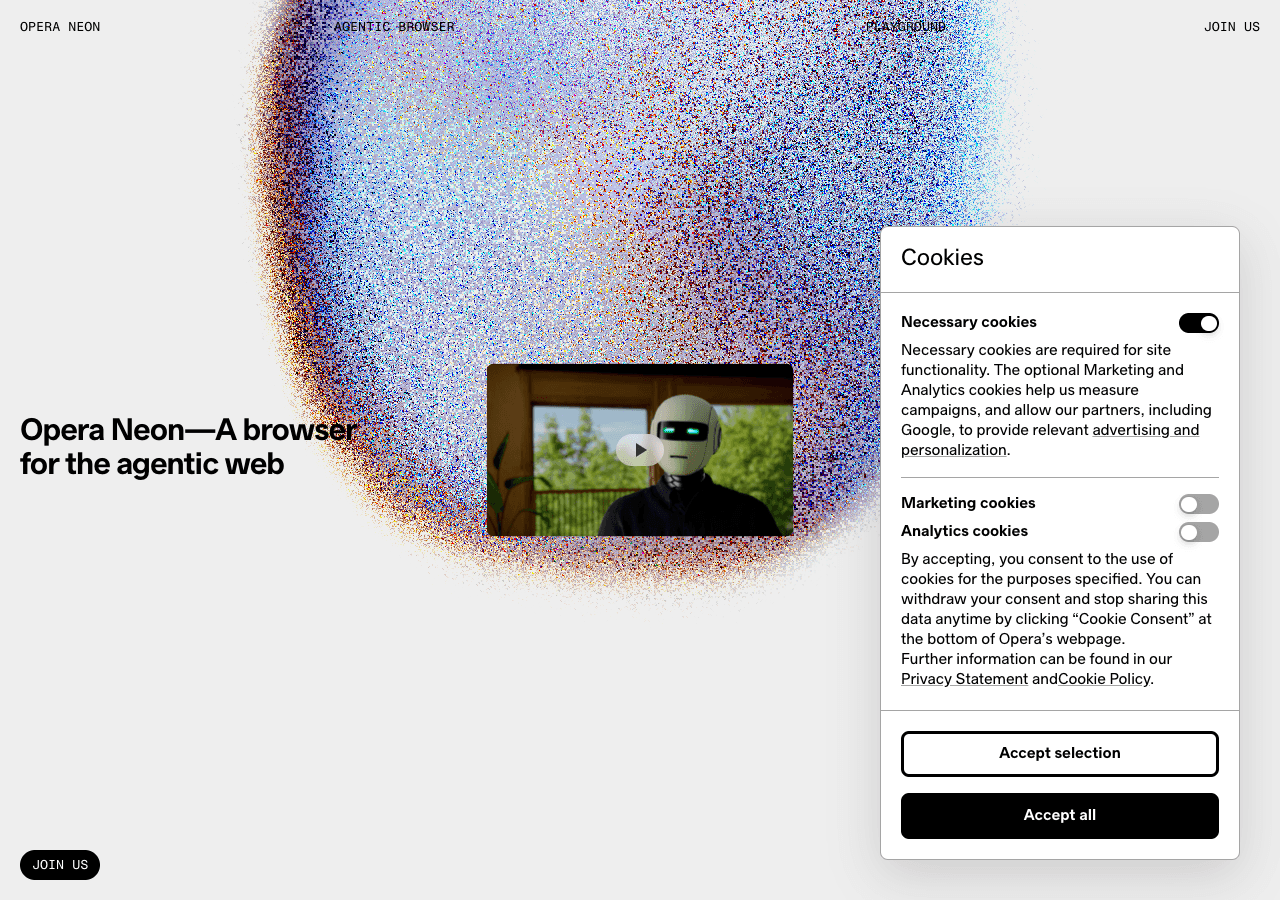 Opera Neon Conversational AI showing Conversational AI - This browser is built to act