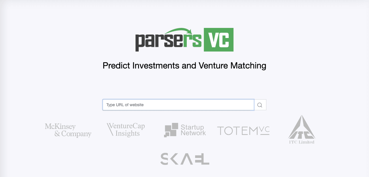 Parsers VC Data Analytics showing Data Analytics - Tinder for Venture Capital