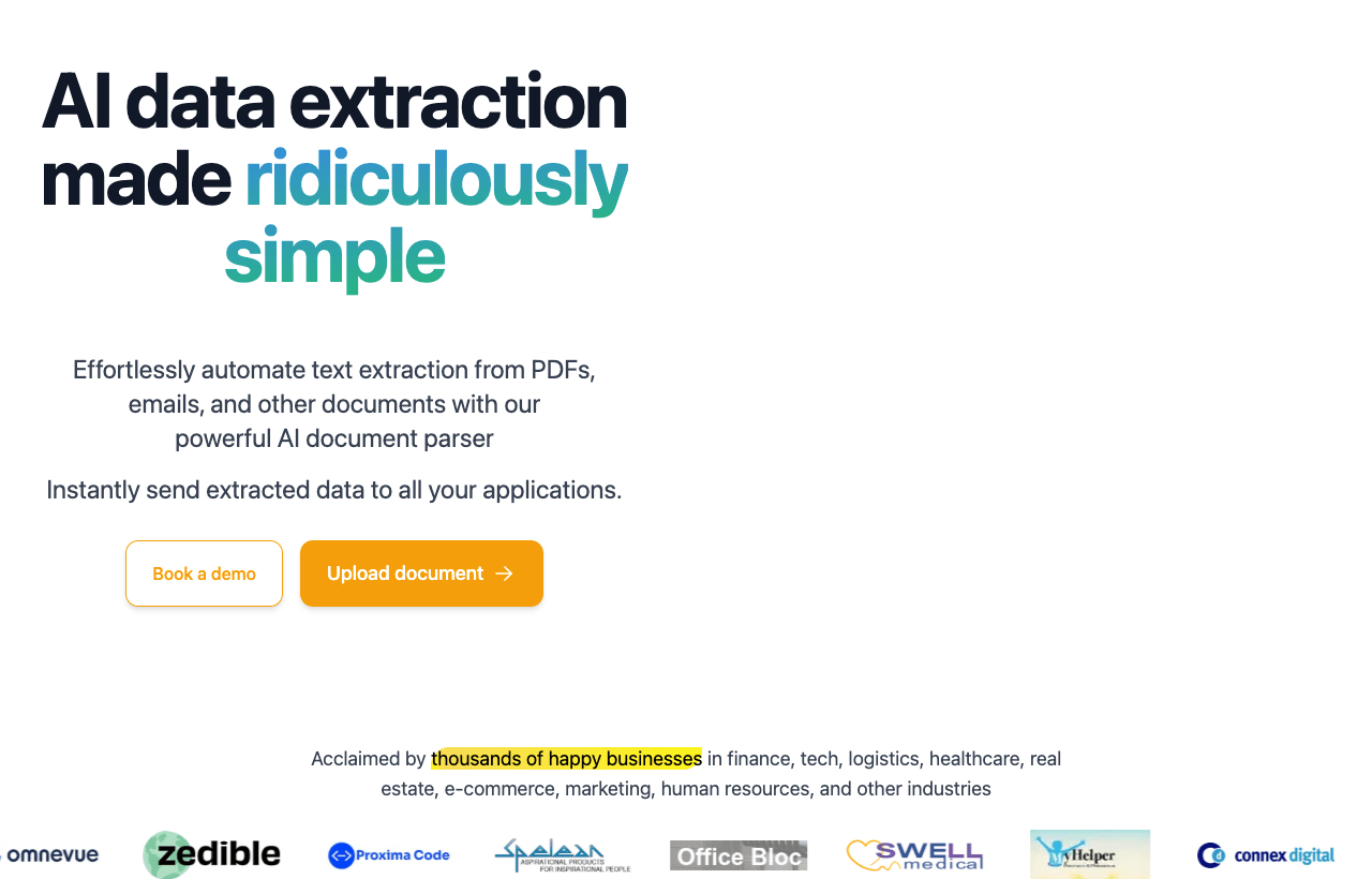 Parseur Data Analytics showing Data Analytics - Extract data from emails, documents & web pages. Automate your workflow.