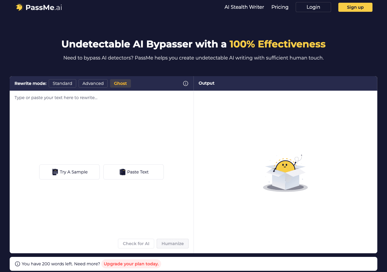 PassMe AI Writing & Translation showing Writing & Translation - Make any AI text undetectable, instantly