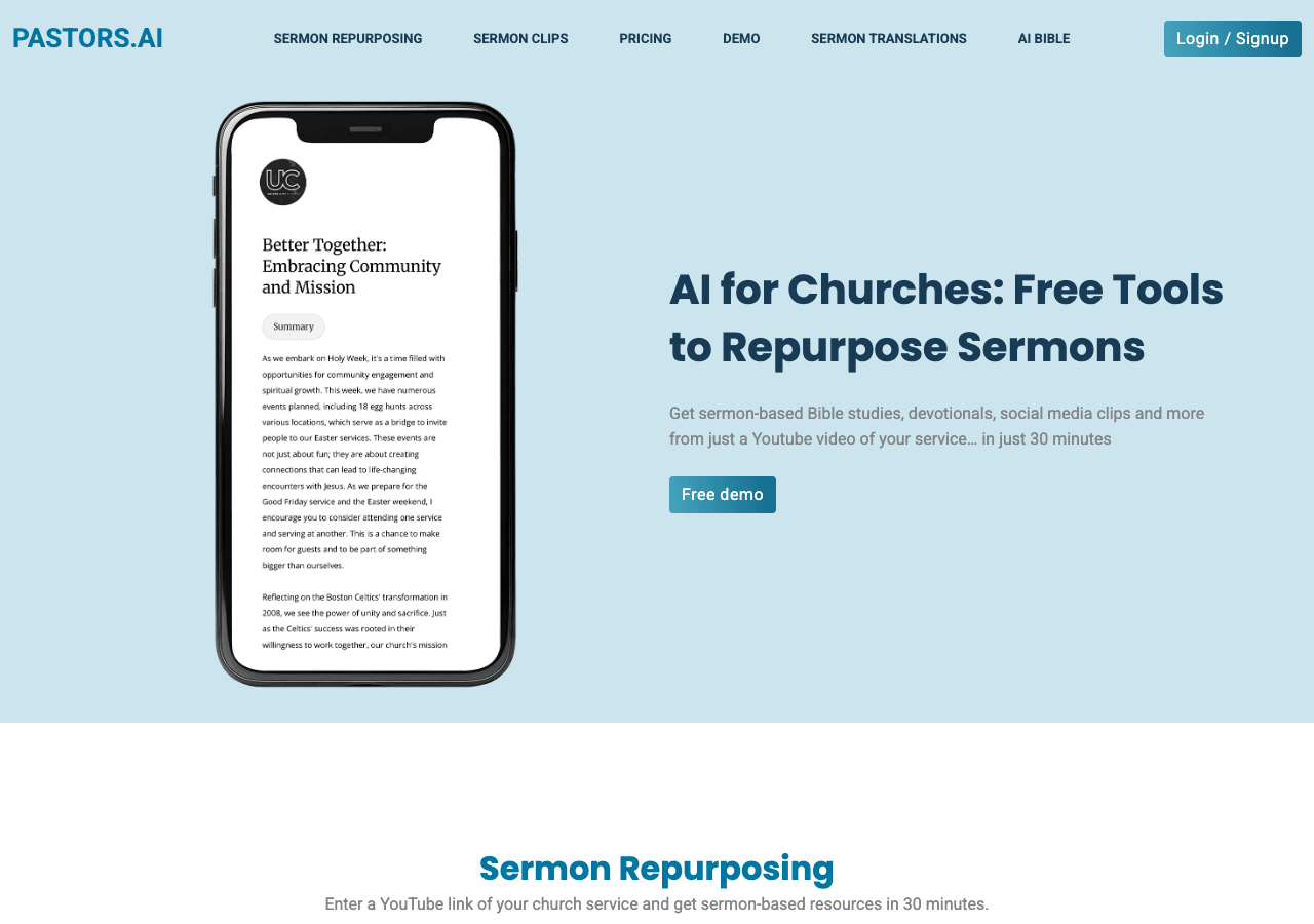 Pastors.ai Conversational AI showing Conversational AI - AI for Churches—just add a YouTube link