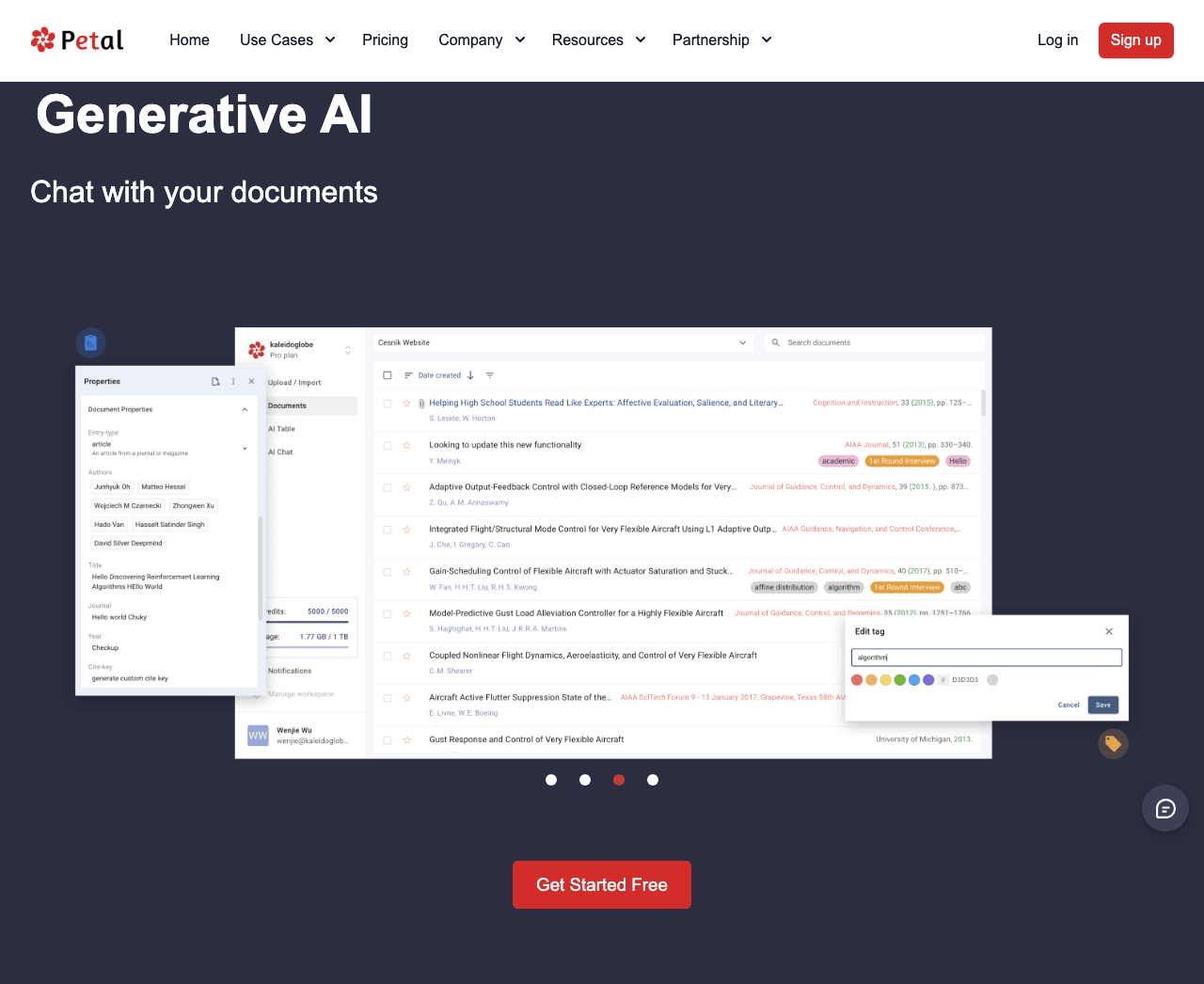Petal Conversational AI showing Conversational AI - Chat with your documents, backed by real citations
