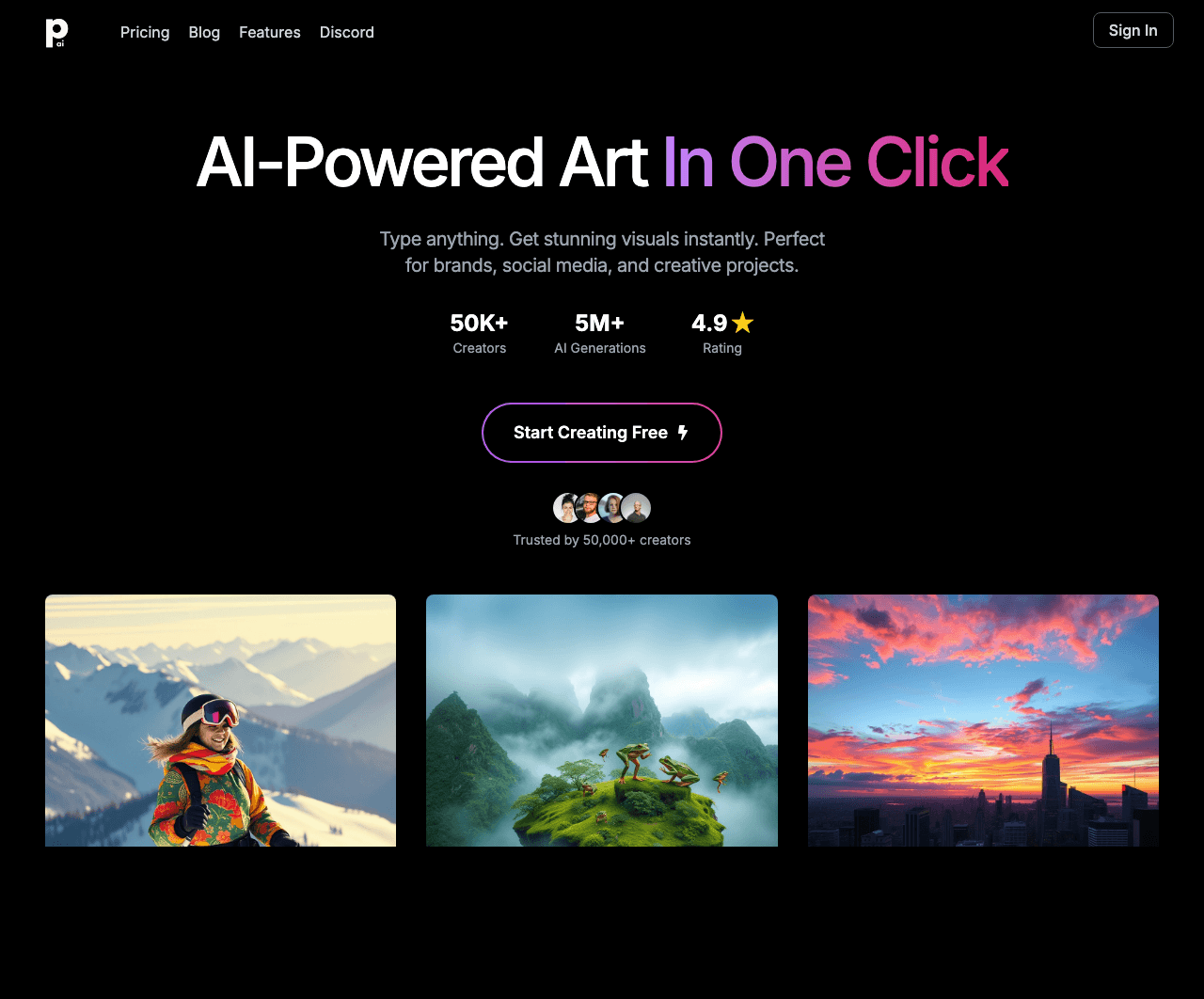 PhotoGenius.ai Image Generation showing Image Generation - AI-powered art and visuals in one click.