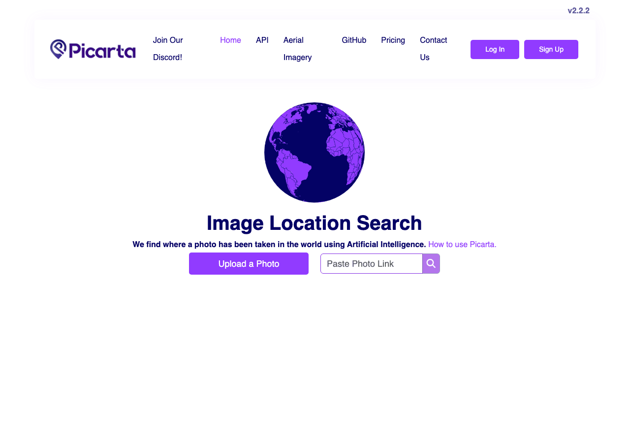 Picarta Search & Discovery showing Search & Discovery - Photo location search — finds where any photo was taken.