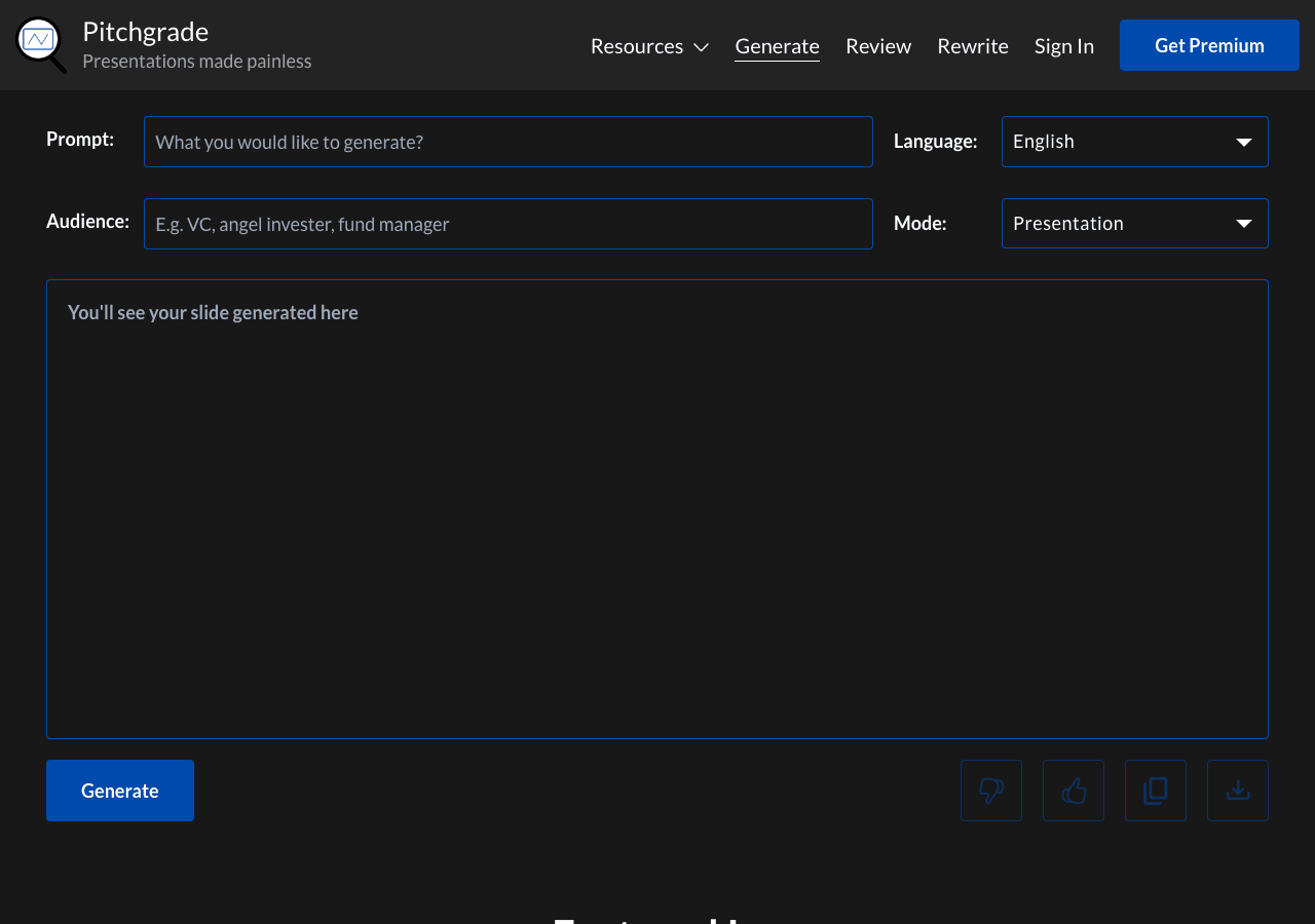 PitchGrade Productivity & Collaboration showing Productivity & Collaboration - AI Pitch Deck Generator – Instantly Create, Re