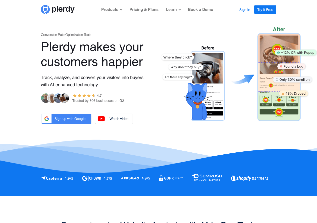 Plerdy Data Analytics showing Data Analytics - All-in-One Conversion, UX, and SEO Platform for Smarter Website Growth