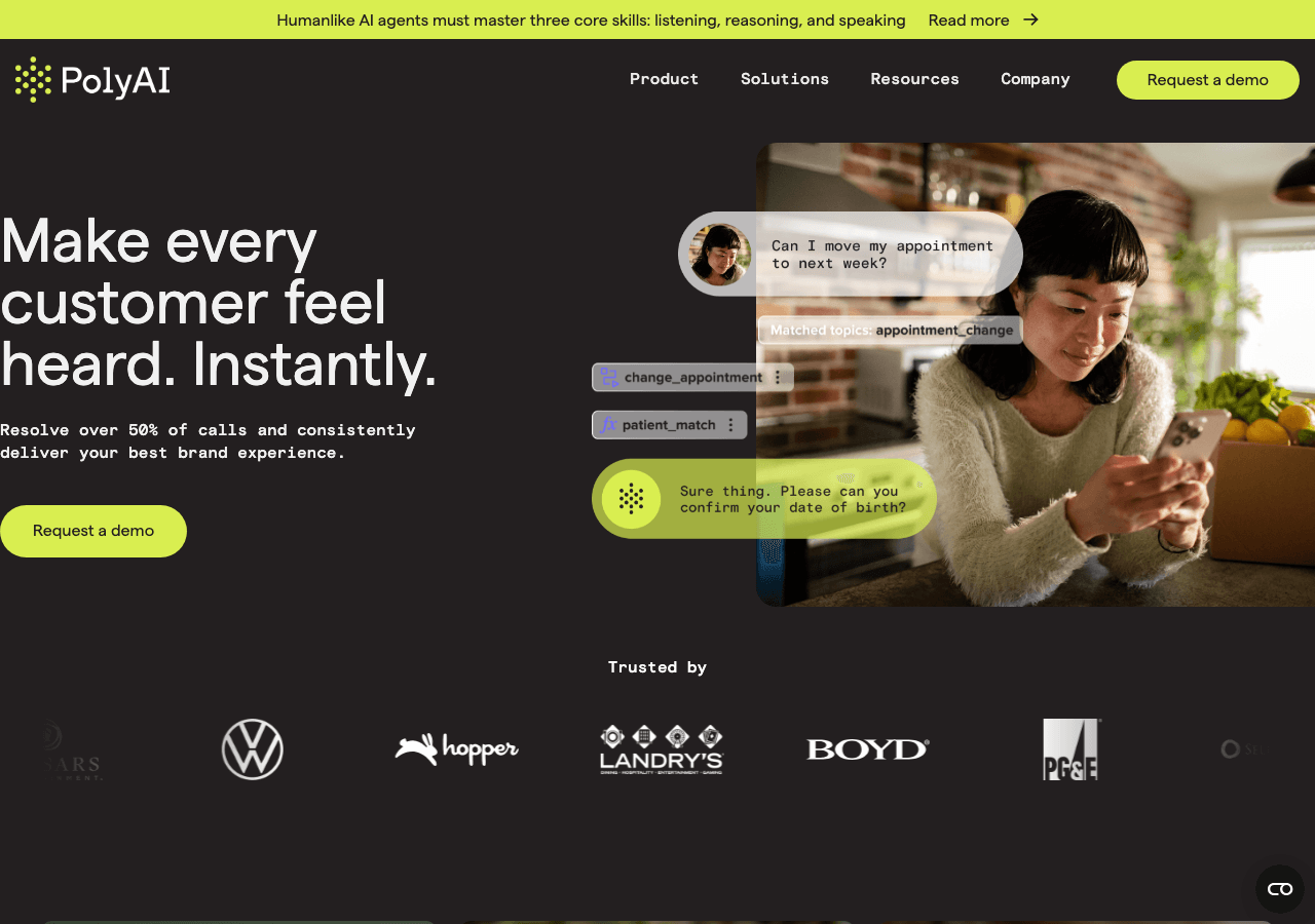 PolyAI Conversational AI showing Conversational AI - The world's most lifelike voice AI agents