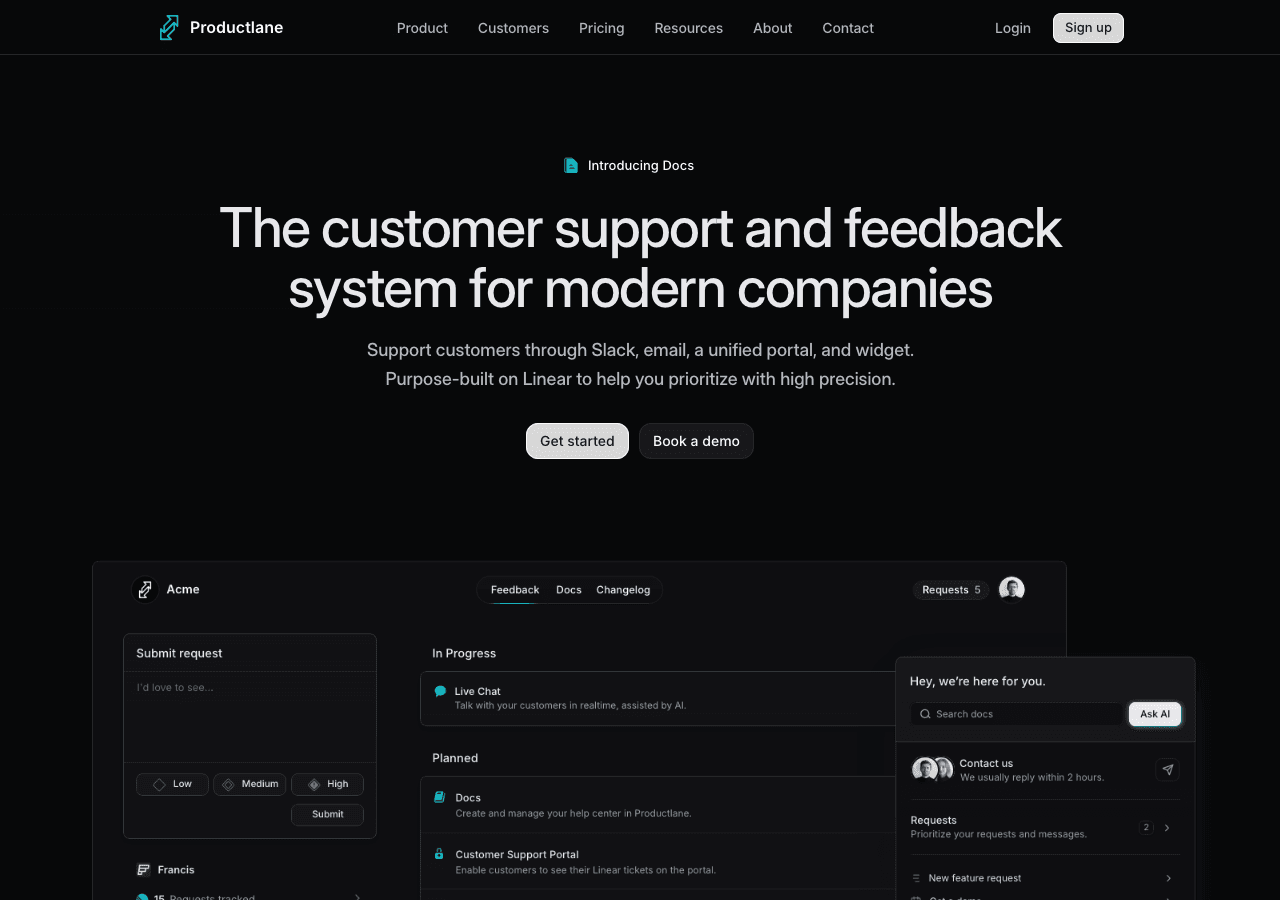 Productlane Productivity & Collaboration showing Productivity & Collaboration - Omnichannel support, built for Linear teams