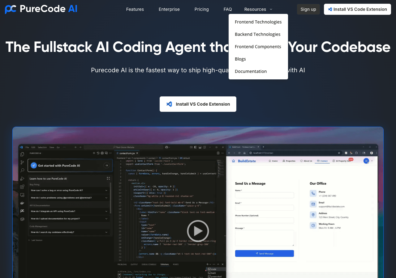 PureCode AI Code Assistance showing Code Assistance - AI Programming Agent for Enterprise Teams