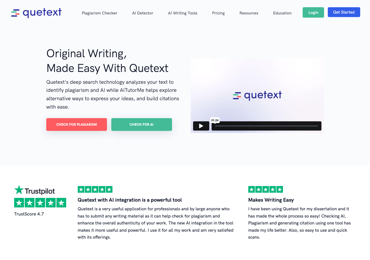 Quetext Writing & Translation showing plagiarism detection - Plagiarism detection made simple, fast, and reliable