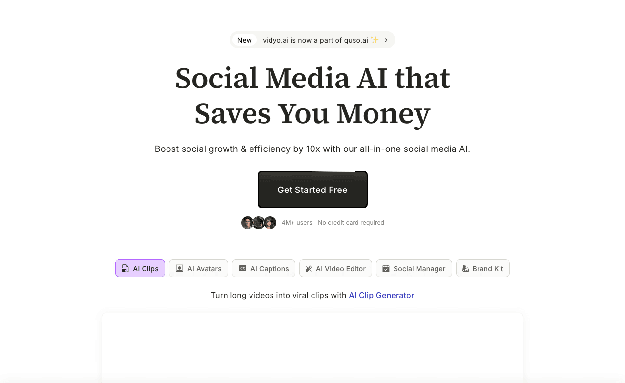 quso.ai Video Editing interface showing Video Editing and features