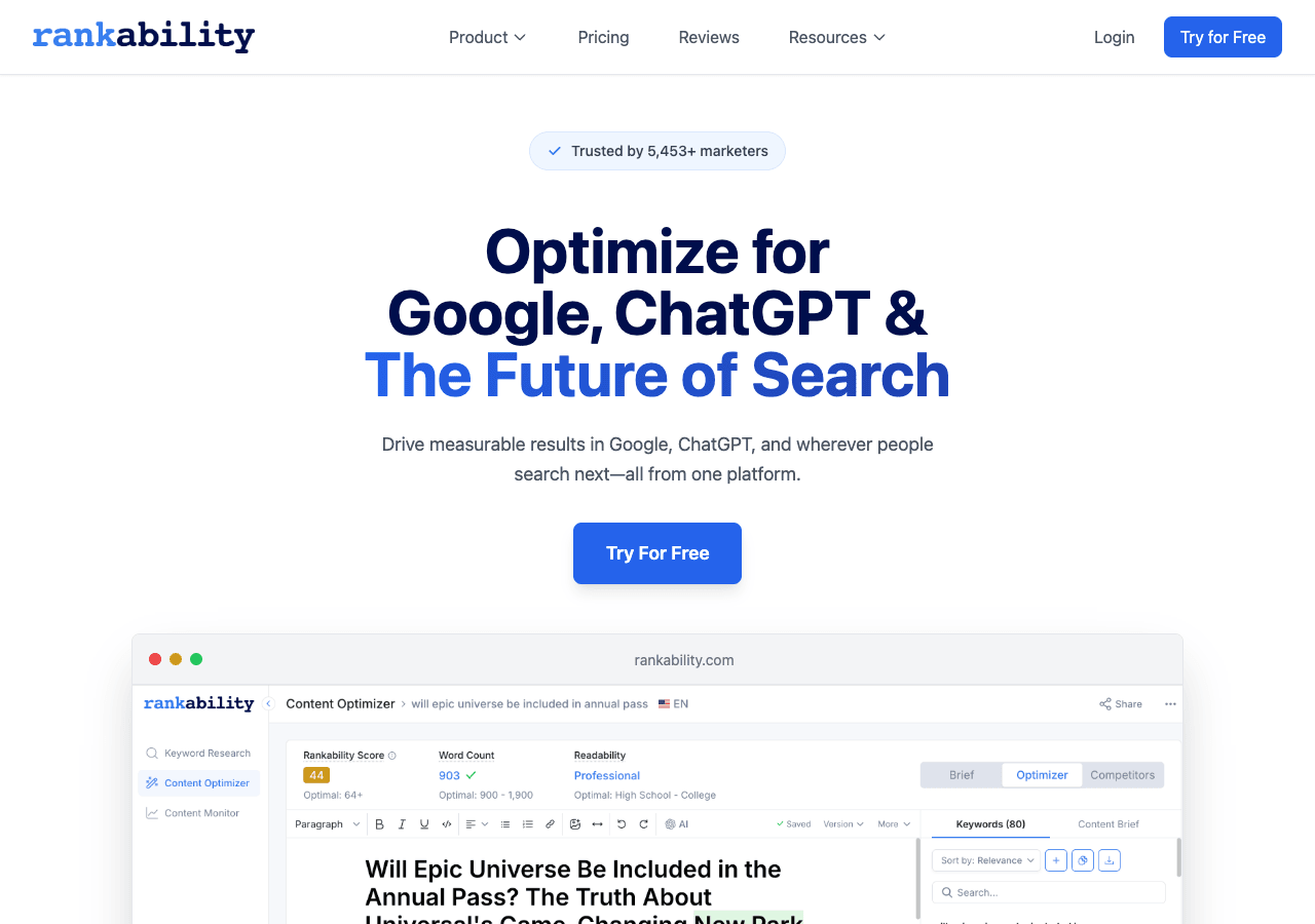Rankability Search & Discovery showing Search & Discovery - Empowering your online presence