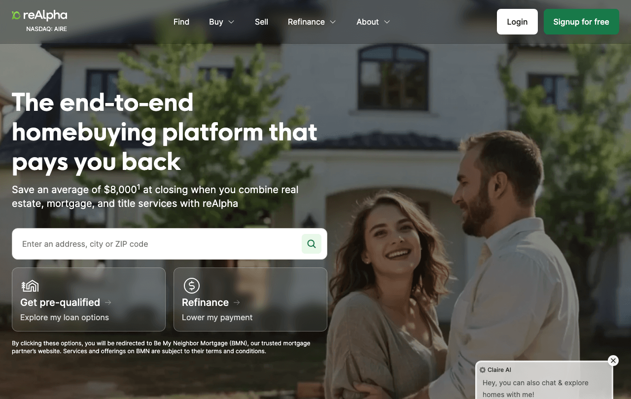 reAlpha Conversational AI showing Conversational AI - Your AI real estate agent for zero-commission homebuying
