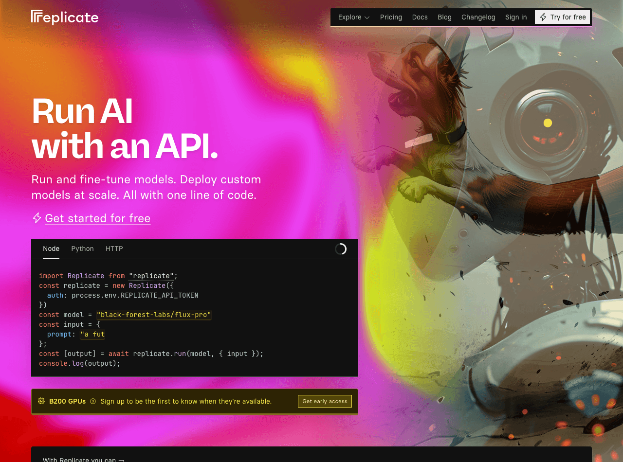 Replicate Code Assistance showing ai model hosting - Deploy any AI model globally with one line of code