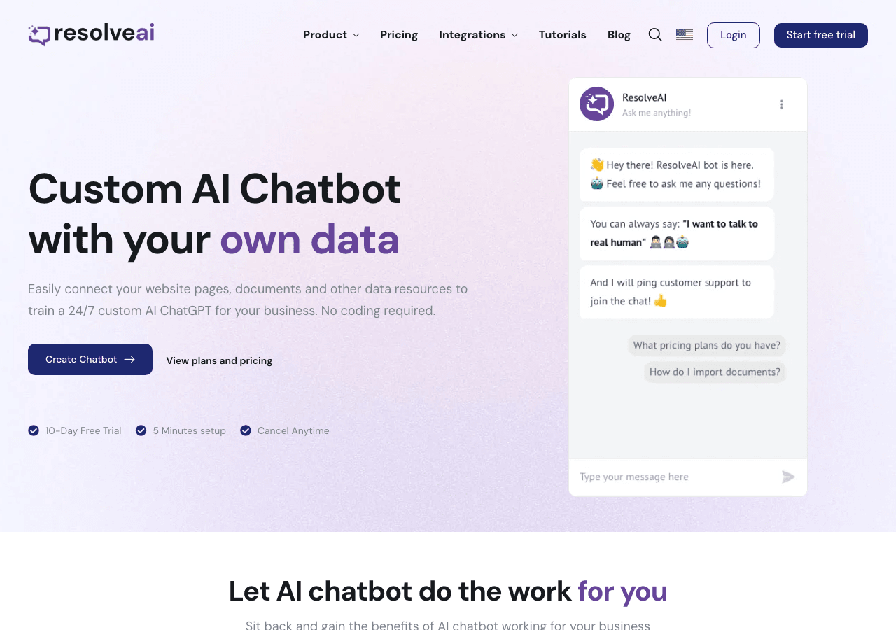 ResolveAI Code Assistance showing Code Assistance - Train your own 24/7 custom AI chatbot in minutes