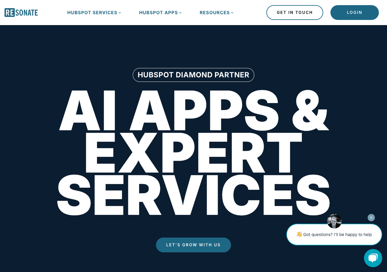 Resonate Growth Agency Code Assistance showing Code Assistance - HubSpot implementation, RevOps, and AI-powered workflow apps