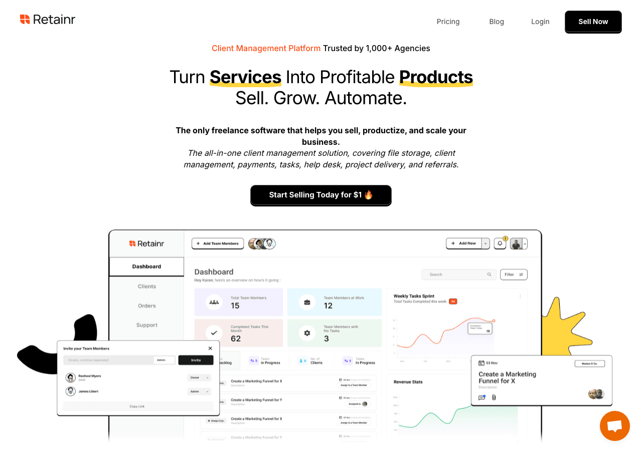 Retainr.io Productivity & Collaboration showing Productivity & Collaboration - Productize your creative services, from sales