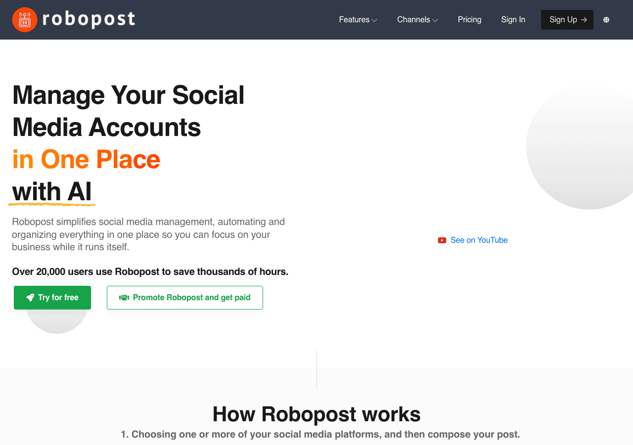 Robopost AI Marketing Automation showing Marketing Automation - Automate and elevate your social media with AI-powered posts,