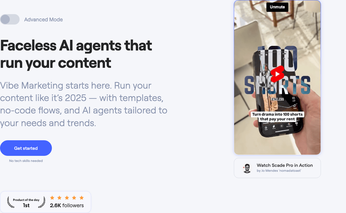 Scade.pro AI Agents showing AI Agents - Faceless AI agents that run your content