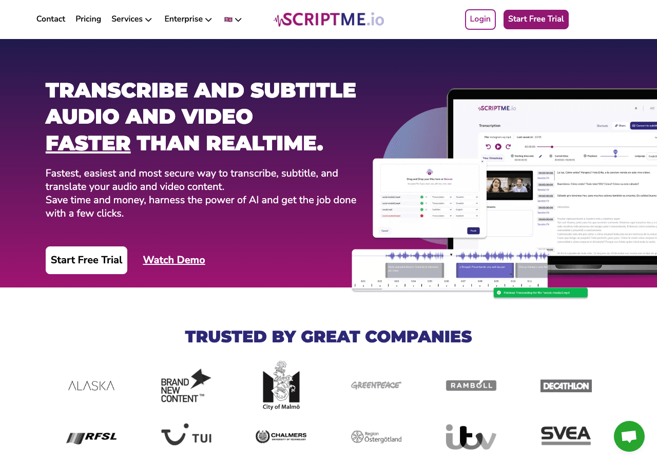 ScriptMe Audio Generation showing Audio Generation - Transcribe, subtitle, and translate your audio and video with AI