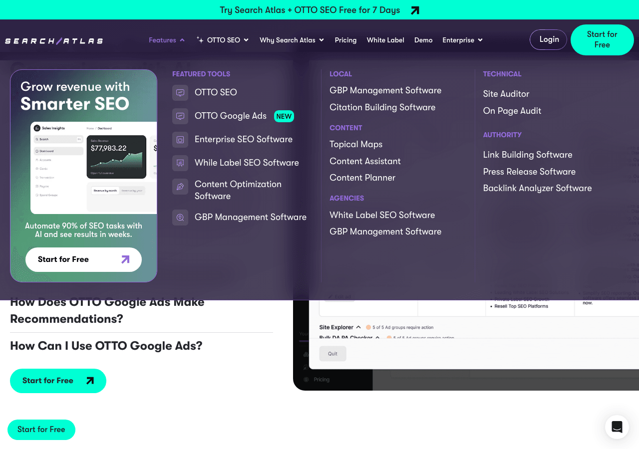 Search Atlas Marketing Automation showing Marketing Automation - Meet OTTO Google Ads: Ready-to-Launch Ad Campaigns in Minute