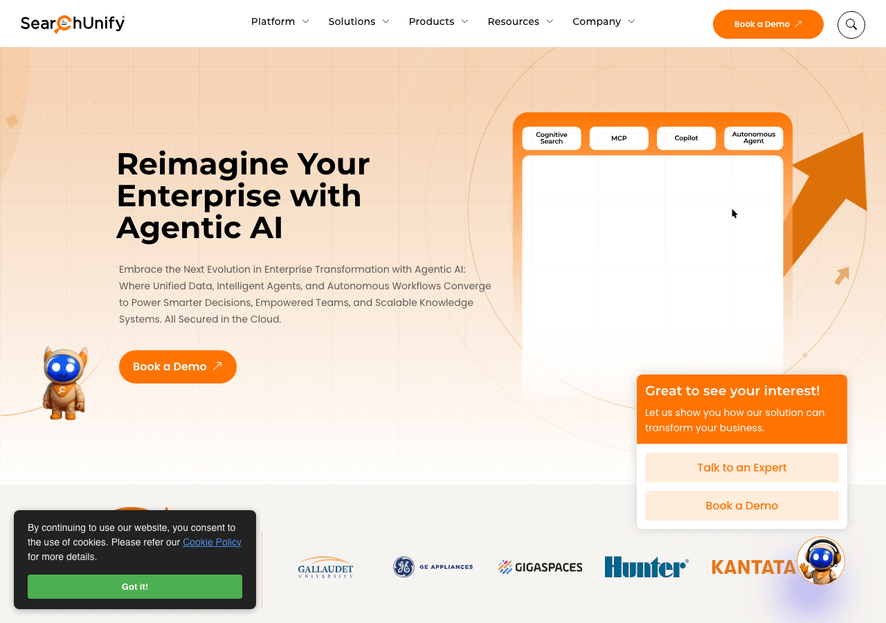 SearchUnify Search & Discovery showing Search & Discovery - Deliver next-gen customer service with AI