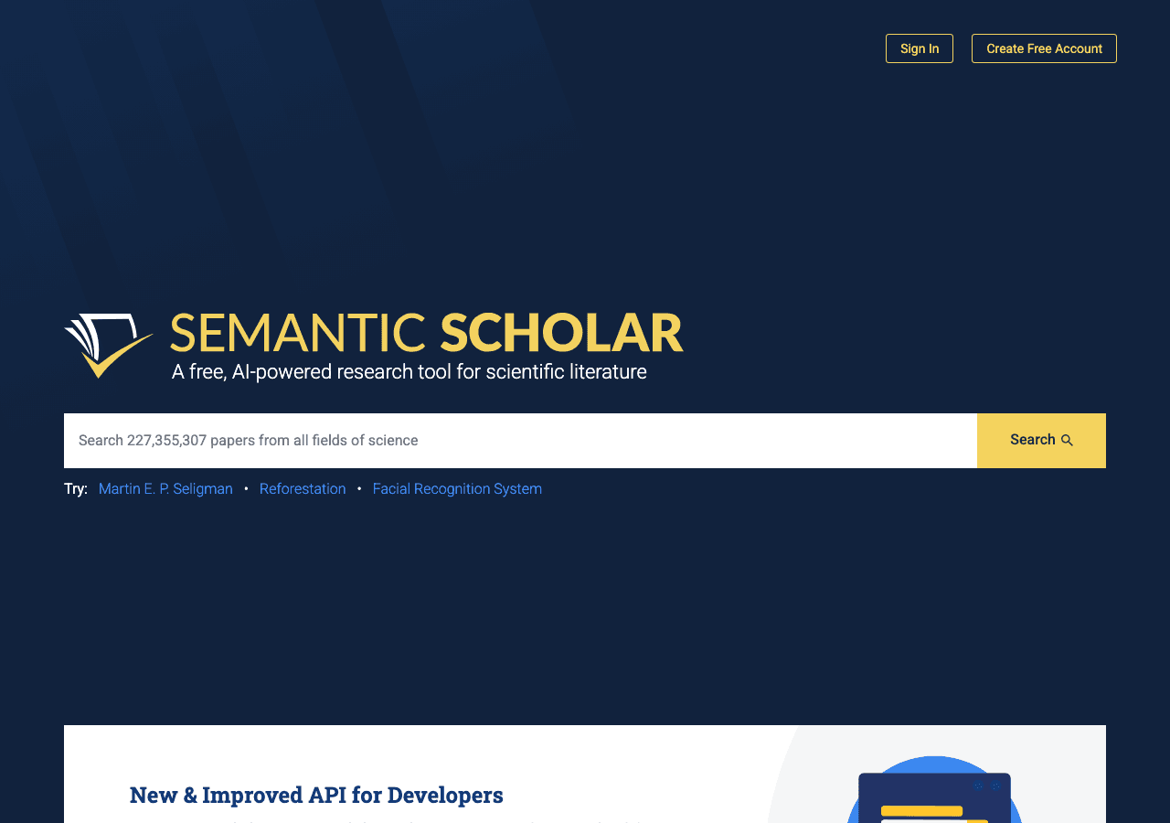 Semantic Scholar Scientific Research showing semantic search - AI-powered discovery for scientific research