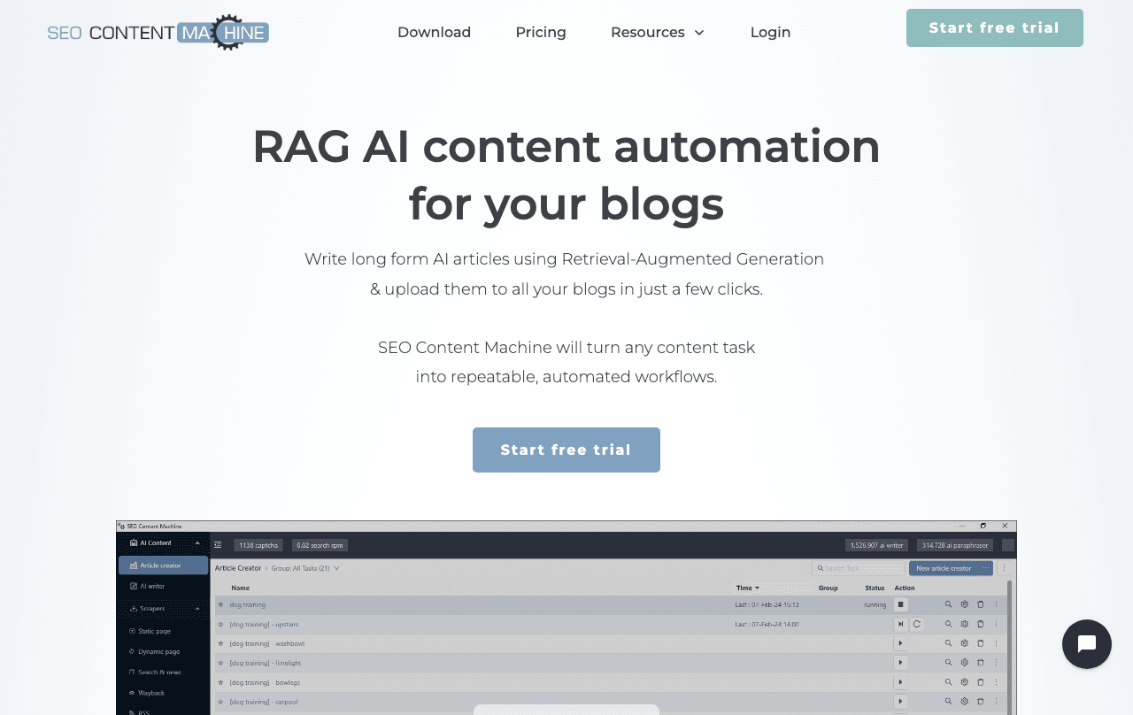 SEO Content Machine Writing & Translation interface showing Writing & Translation and features