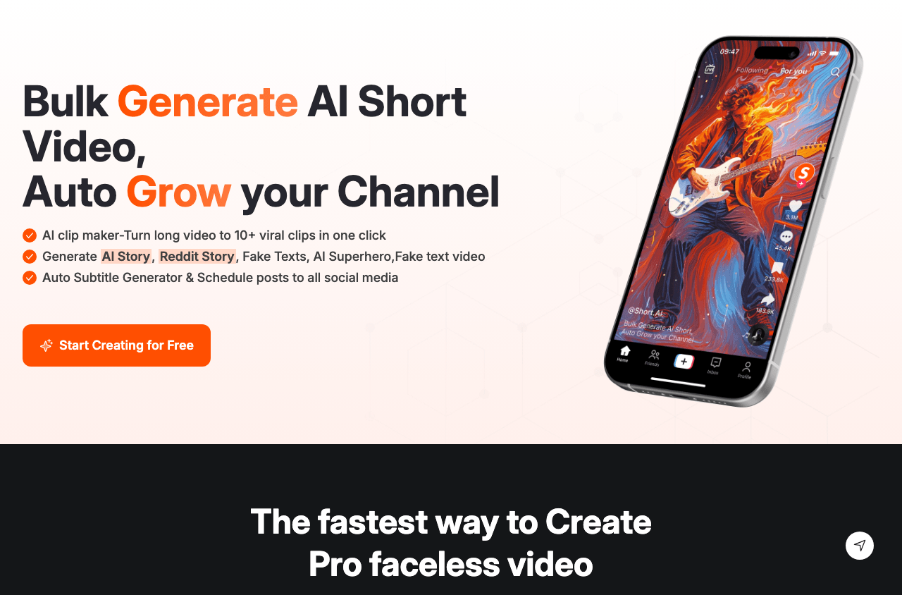 Short AI Video Generation showing Video Generation - Create viral short videos with AI—fast, easy, and faceless.