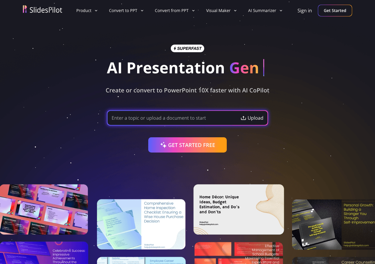 SlidesPilot Productivity & Collaboration showing Productivity & Collaboration - AI PowerPoint generator from PDFs, Word, link