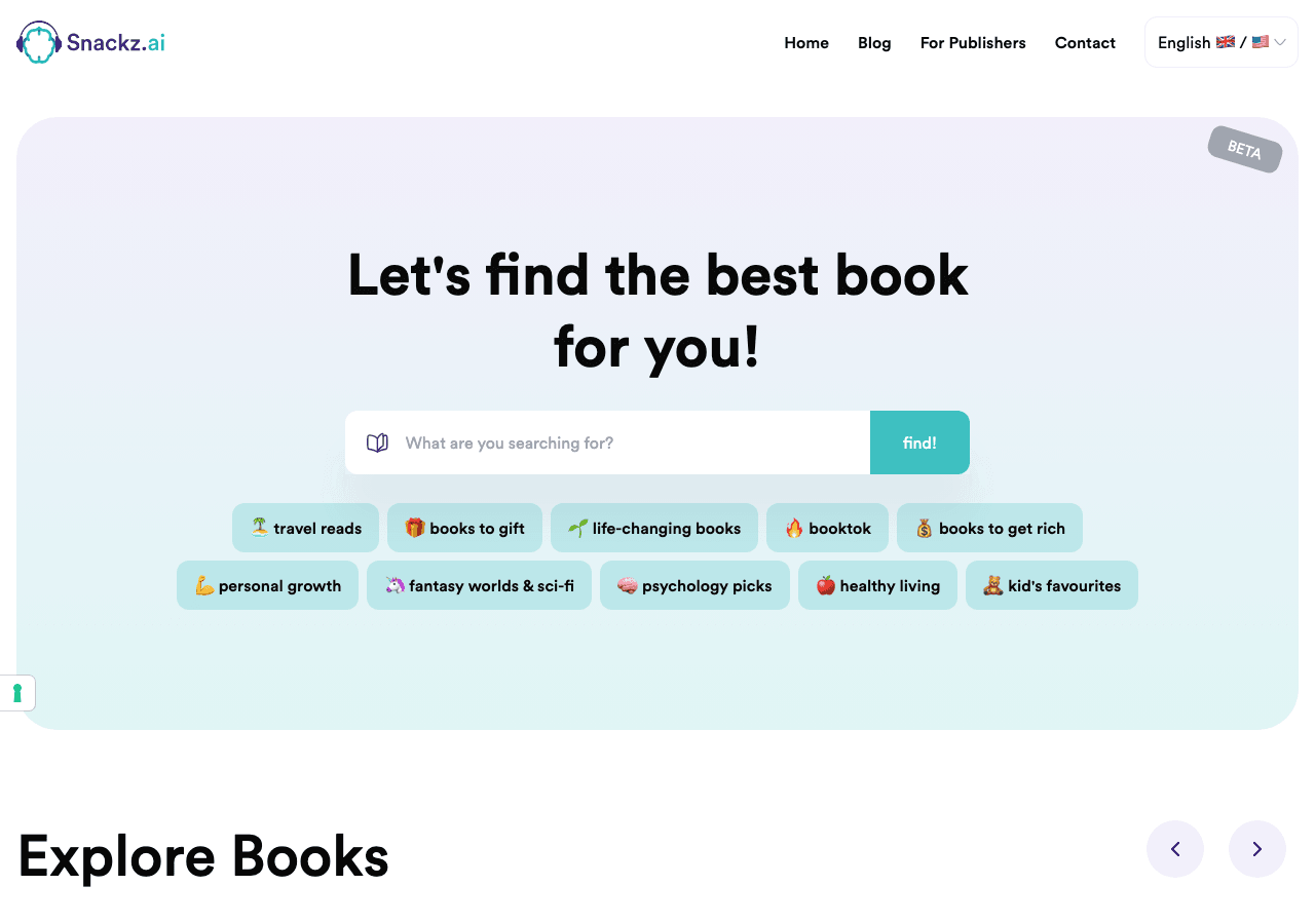 Snackz.ai Search & Discovery showing Search & Discovery - Making books visible. Responsibly with AI.