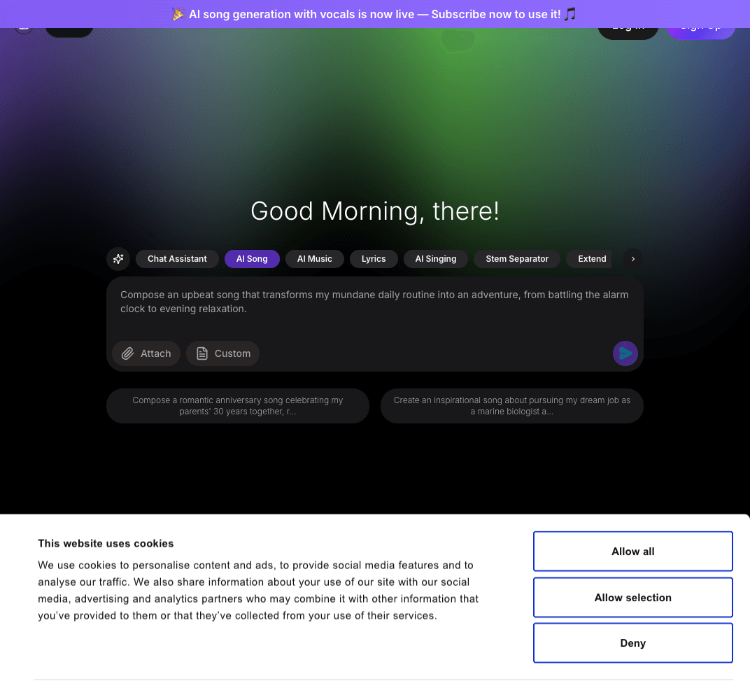 SoundVerse AI Music Generation showing Music Generation - AI-powered music creation for expressive, collaborative, and intuit