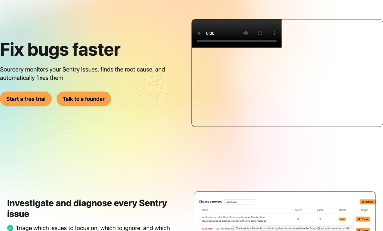 Sourcery Code Assistance showing Code Assistance - From Sentry alert to fixed code—AI-powered detection, diagnosis, and autom